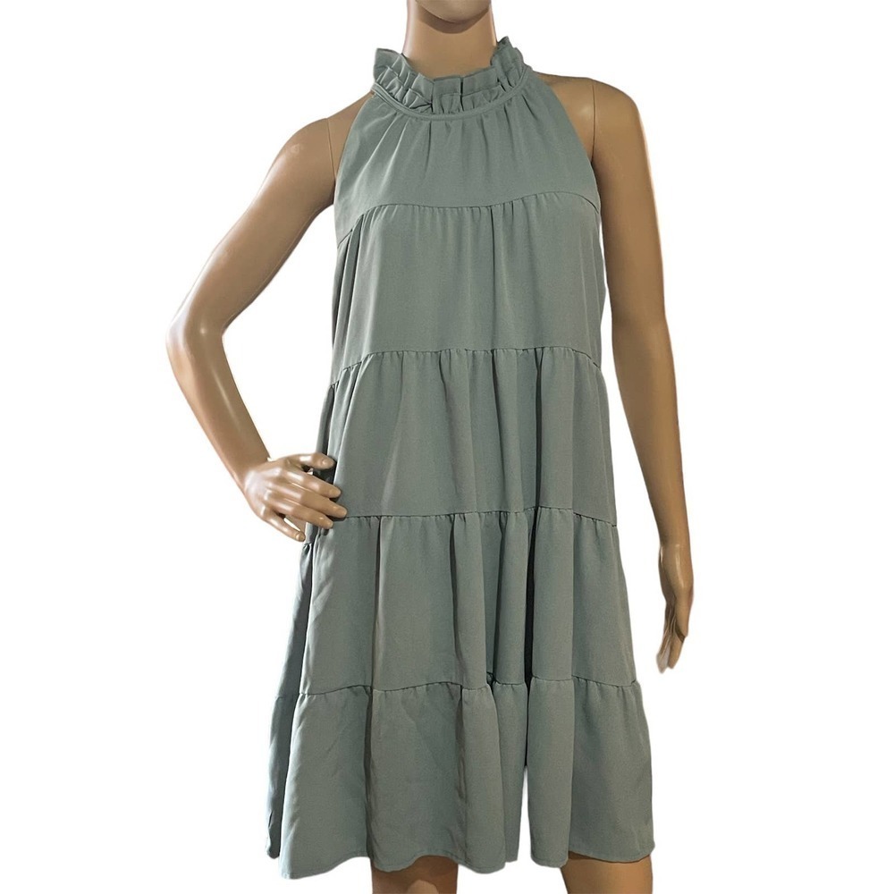 ENTRO Women's Tiered Ruffle High‎ Neck Sleeveless Dress Ties in Back Size Medium
